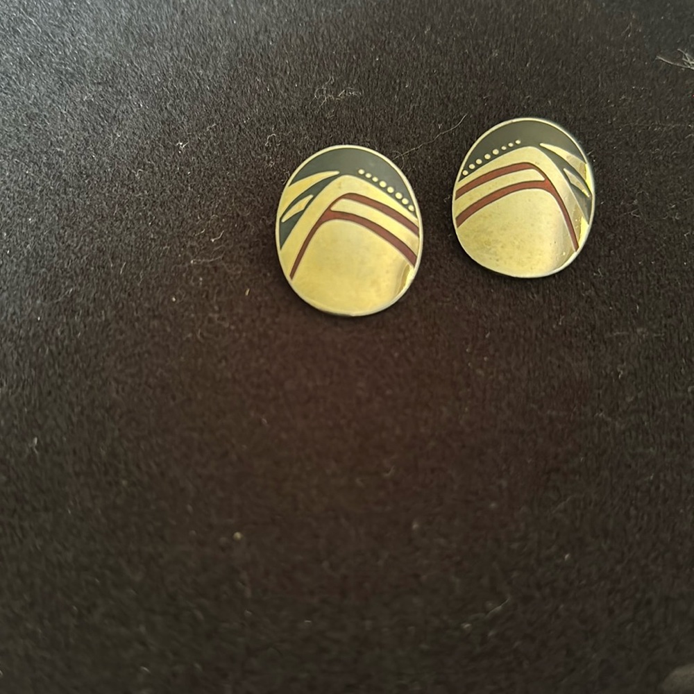 Authentic Vintage Laurel Burch Art Decor Oval Earrings in Gold, Black, Wine